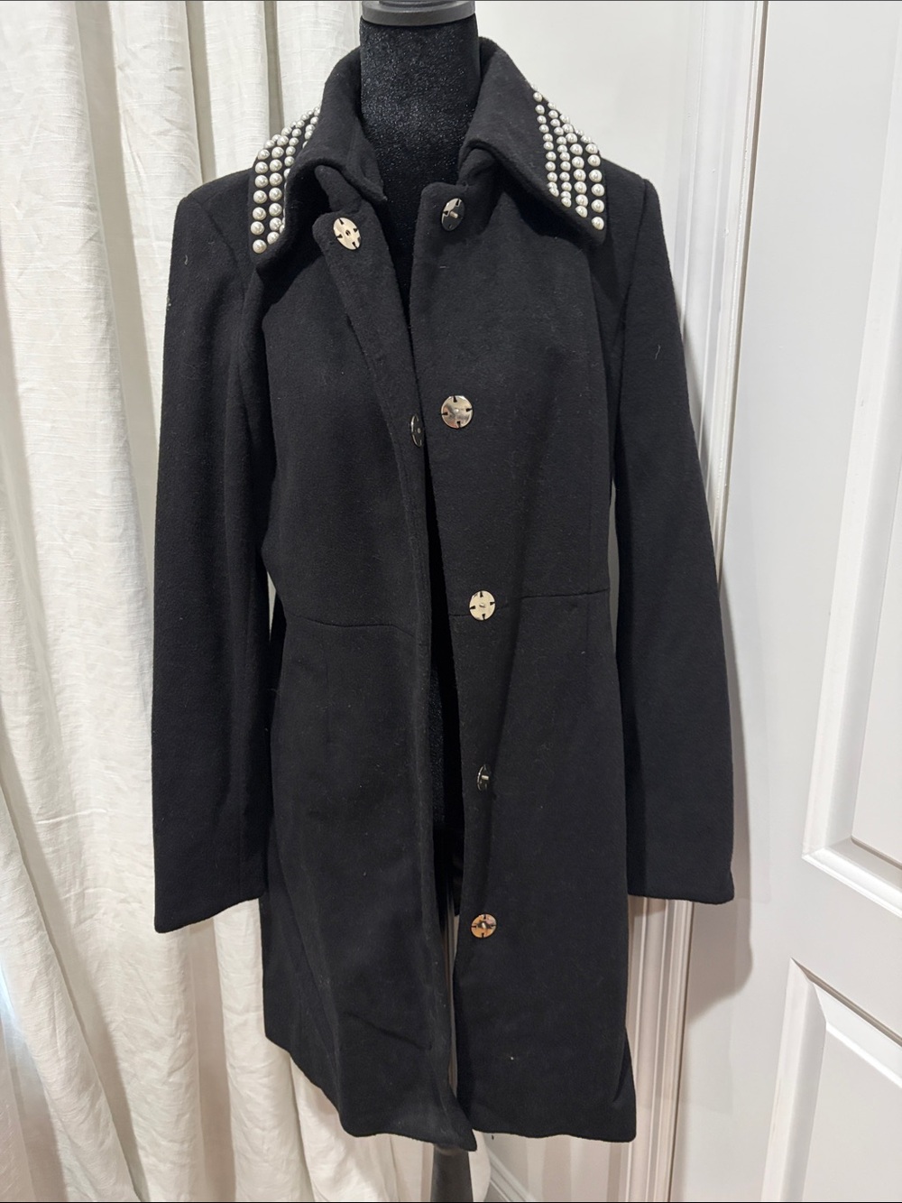 Karl Lagerfeld Black Pearl-Trim Wool Peacoat removable collar